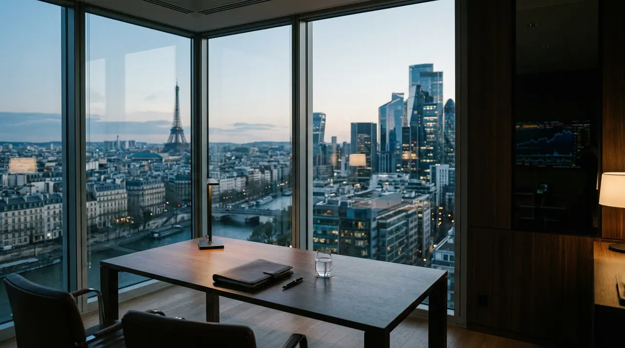Un entrepreneur français regardant vers la skyline de New York, symbolisant le départ des fondateurs et l'attrait américain face aux défis français.