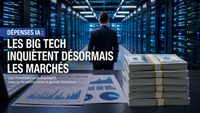 Illustration éditoriale réaliste d’un centre de données dédié à l’intelligence artificielle, avec des rangées de serveurs éclairées en bleu, un dirigeant observant l’infrastructure, des graphiques financiers et plusieurs liasses de dollars au premier plan. Le visuel symbolise l’explosion des dépenses engagées par les Big Tech dans les infrastructures IA, ainsi que les inquiétudes croissantes des marchés concernant leur rentabilité.