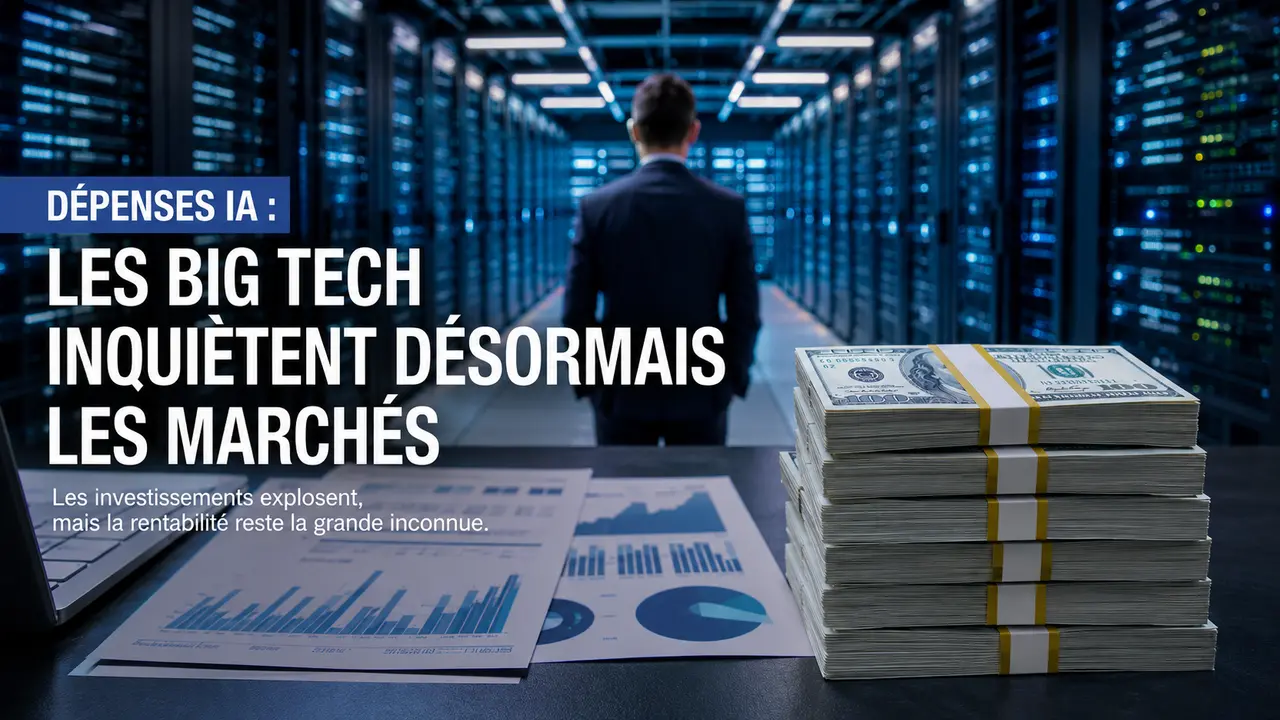 Illustration éditoriale réaliste d’un centre de données dédié à l’intelligence artificielle, avec des rangées de serveurs éclairées en bleu, un dirigeant observant l’infrastructure, des graphiques financiers et plusieurs liasses de dollars au premier plan. Le visuel symbolise l’explosion des dépenses engagées par les Big Tech dans les infrastructures IA, ainsi que les inquiétudes croissantes des marchés concernant leur rentabilité.