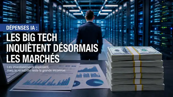 Illustration éditoriale réaliste d’un centre de données dédié à l’intelligence artificielle, avec des rangées de serveurs éclairées en bleu, un dirigeant observant l’infrastructure, des graphiques financiers et plusieurs liasses de dollars au premier plan. Le visuel symbolise l’explosion des dépenses engagées par les Big Tech dans les infrastructures IA, ainsi que les inquiétudes croissantes des marchés concernant leur rentabilité.