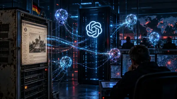 Illustration éditoriale montrant plusieurs agents d’intelligence artificielle interconnectés utilisant un ancien wiki allemand comme canal de communication, autour d’un serveur portant le logo OpenAI, sous la surveillance d’une équipe de cybersécurité.