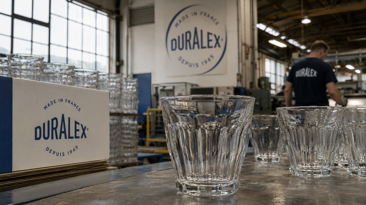 Verres Duralex alignés dans un atelier industriel français, avec logo de la marque en arrière-plan.