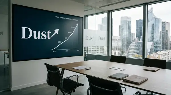 Illustration d'une fusée décollant avec le logo Dust, symbolisant l'expansion américaine suite à la levée de fonds.