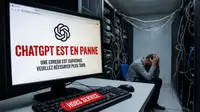 Une photographie de style documentaire, au format 16:9, capturée dans une salle de serveurs d'entreprise faiblement éclairée. Au premier plan, légèrement à gauche, se trouve un bureau de technicien encombré. Un grand écran d'ordinateur affiche en gros plan une page Web de l'interface ChatGPT modifiée. Le logo officiel de ChatGPT, un nœud géométrique bleu sarcelle (conforme à image_0.png), est visible en haut à gauche. Au centre de l'écran, un texte rouge vif, usé et imposant, est affiché sur trois lignes : « CHATGPT EST EN PANNE ». En dessous, en police blanche plus petite, on lit : « UNE ERREUR EST SURVENUE. VEUILLEZ RÉESSAYER PLUS TARD. ». Sur le bureau, juste devant l'écran, un clavier noir est posé, sur lequel est attachée une étiquette rouge "HORS SERVICE" manuscrite et visible. Des câbles de réseau colorés pendent en désordre depuis des racks de serveurs sombres et des indicateurs lumineux clignotent faiblement à l'arrière-plan, renforçant l'impression de dysfonctionnement technique. Sur la droite, un technicien en informatique, portant une chemise à carreaux, est assis, voûté, le visage caché entre ses mains posées sur le bureau, exprimant de la frustration ou du désespoir. L'éclairage est froid et bleuté, provenant principalement des écrans et des LED d'état des serveurs.