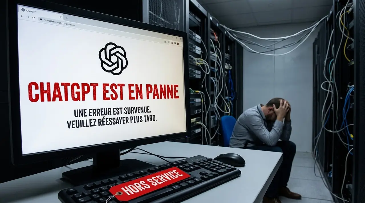 Une photographie de style documentaire, au format 16:9, capturée dans une salle de serveurs d'entreprise faiblement éclairée. Au premier plan, légèrement à gauche, se trouve un bureau de technicien encombré. Un grand écran d'ordinateur affiche en gros plan une page Web de l'interface ChatGPT modifiée. Le logo officiel de ChatGPT, un nœud géométrique bleu sarcelle (conforme à image_0.png), est visible en haut à gauche. Au centre de l'écran, un texte rouge vif, usé et imposant, est affiché sur trois lignes : « CHATGPT EST EN PANNE ». En dessous, en police blanche plus petite, on lit : « UNE ERREUR EST SURVENUE. VEUILLEZ RÉESSAYER PLUS TARD. ». Sur le bureau, juste devant l'écran, un clavier noir est posé, sur lequel est attachée une étiquette rouge "HORS SERVICE" manuscrite et visible. Des câbles de réseau colorés pendent en désordre depuis des racks de serveurs sombres et des indicateurs lumineux clignotent faiblement à l'arrière-plan, renforçant l'impression de dysfonctionnement technique. Sur la droite, un technicien en informatique, portant une chemise à carreaux, est assis, voûté, le visage caché entre ses mains posées sur le bureau, exprimant de la frustration ou du désespoir. L'éclairage est froid et bleuté, provenant principalement des écrans et des LED d'état des serveurs.