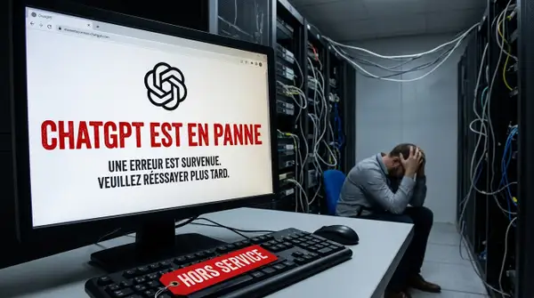 Une photographie de style documentaire, au format 16:9, capturée dans une salle de serveurs d'entreprise faiblement éclairée. Au premier plan, légèrement à gauche, se trouve un bureau de technicien encombré. Un grand écran d'ordinateur affiche en gros plan une page Web de l'interface ChatGPT modifiée. Le logo officiel de ChatGPT, un nœud géométrique bleu sarcelle (conforme à image_0.png), est visible en haut à gauche. Au centre de l'écran, un texte rouge vif, usé et imposant, est affiché sur trois lignes : « CHATGPT EST EN PANNE ». En dessous, en police blanche plus petite, on lit : « UNE ERREUR EST SURVENUE. VEUILLEZ RÉESSAYER PLUS TARD. ». Sur le bureau, juste devant l'écran, un clavier noir est posé, sur lequel est attachée une étiquette rouge "HORS SERVICE" manuscrite et visible. Des câbles de réseau colorés pendent en désordre depuis des racks de serveurs sombres et des indicateurs lumineux clignotent faiblement à l'arrière-plan, renforçant l'impression de dysfonctionnement technique. Sur la droite, un technicien en informatique, portant une chemise à carreaux, est assis, voûté, le visage caché entre ses mains posées sur le bureau, exprimant de la frustration ou du désespoir. L'éclairage est froid et bleuté, provenant principalement des écrans et des LED d'état des serveurs.