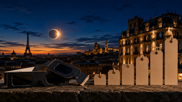 Lunettes de protection devant une éclipse solaire, avec un hôtel et des étiquettes de prix en forte progression.