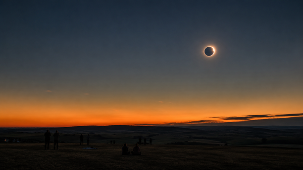 Éclipse solaire observée depuis la Terre au-dessus d’un paysage français au coucher du Soleil.