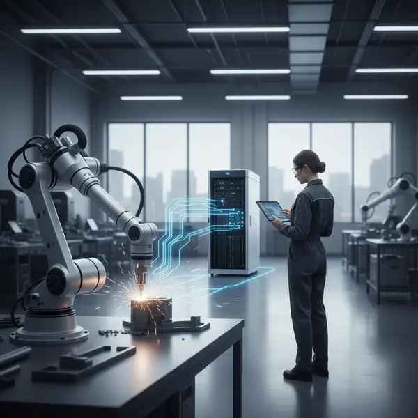 Schéma illustrant l'interconnexion entre des capteurs industriels, un serveur Edge Computing PME local et un datacenter Cloud distant, symbolisant une architecture hybride.