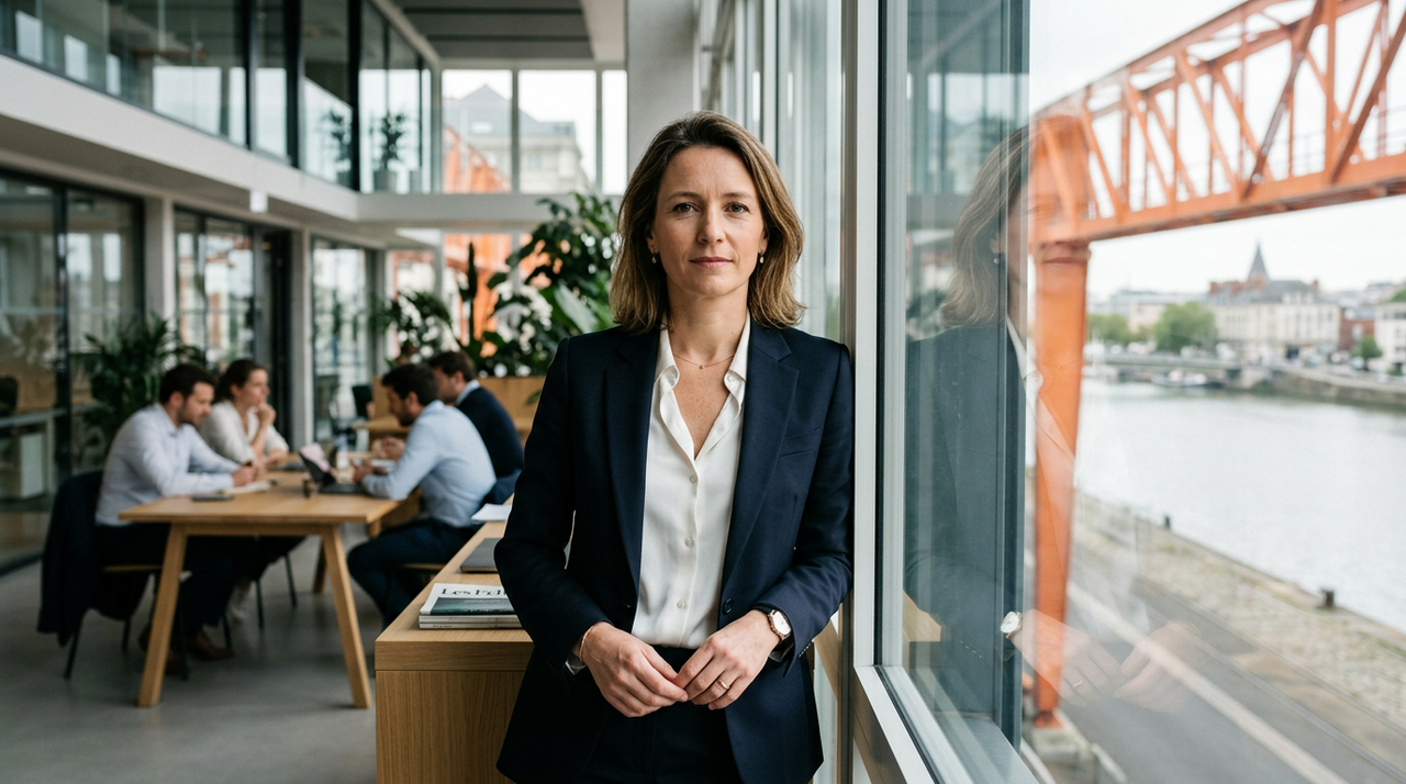 Une femme experte en éducation financière expliquant des concepts financiers à des entrepreneurs nantais, avec des graphiques et des chiffres clés en arrière-plan.