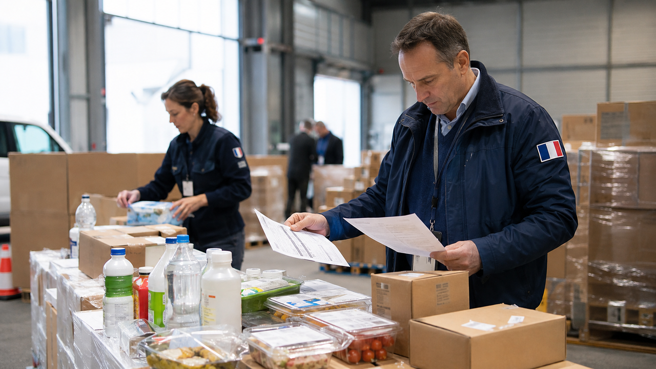 Contrôle d’emballages et de marchandises dans un entrepôt français, illustrant l’entrée en application du règlement européen PPWR.