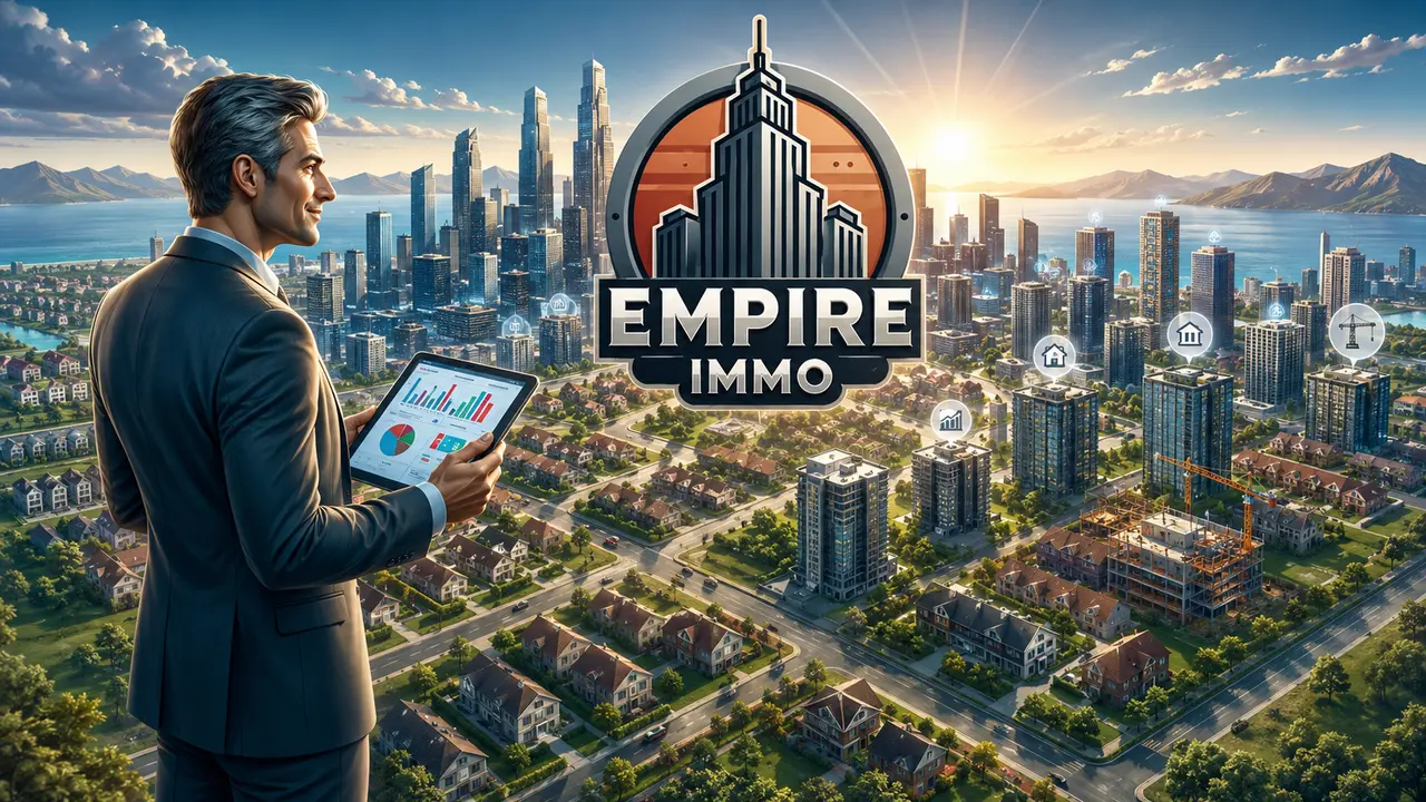 Empire Immo, jeu immobilier français de simulation et de gestion, avec ville, immeubles, maisons, chantiers de construction, investissements et gestion financière d’un patrimoine immobilier virtuel.