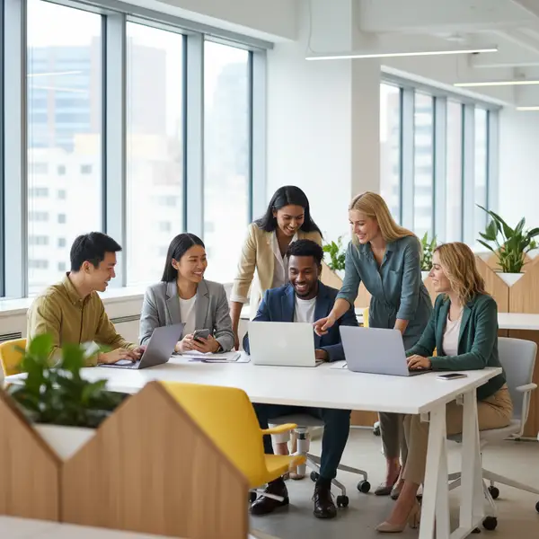 Illustration de collaborateurs souriants partageant du contenu sur des réseaux sociaux professionnels, symbolisant l'employee advocacy et la transformation des salariés en influenceurs de marque.