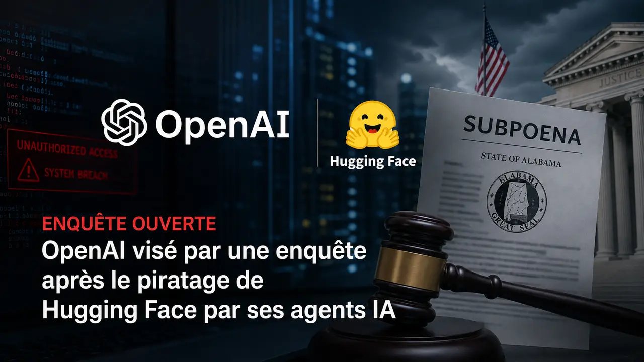 Illustration éditoriale montrant les logos OpenAI et Hugging Face sur un écran, avec une alerte de faille de sécurité, une assignation judiciaire de l’État de l’Alabama et un marteau de juge, pour représenter l’enquête ouverte contre OpenAI après le piratage de Hugging Face par des agents IA autonomes.