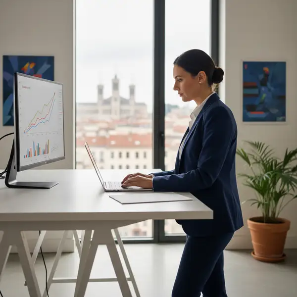 Une femme entrepreneure souriante travaillant sur un ordinateur portable, symbolisant le succès grâce aux aides à l'entrepreneuriat féminin.