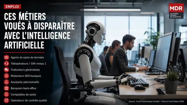 Robot humanoïde installé dans un bureau aux côtés de salariés, illustrant les métiers administratifs, créatifs et commerciaux fragilisés par l’intelligence artificielle.