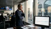 Un dirigeant de TPE ou un freelance, l'air préoccupé, devant un graphique boursier montrant une baisse, symbolisant l'érosion de son épargne sur Livret A face à l'inflation.