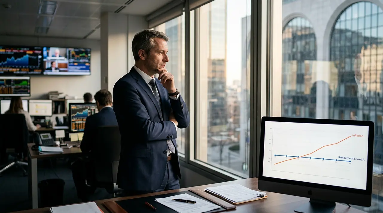 Un dirigeant de TPE ou un freelance, l'air préoccupé, devant un graphique boursier montrant une baisse, symbolisant l'érosion de son épargne sur Livret A face à l'inflation.