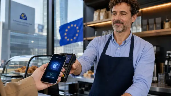 Paiement en euros numériques par smartphone dans un commerce européen, avec un terminal sans contact et le drapeau de l’Union européenne en arrière-plan.