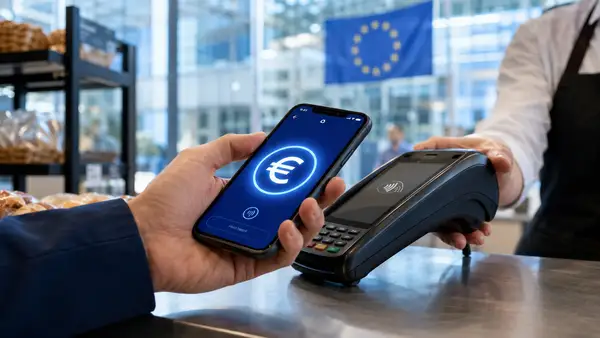 Paiement en euro numérique depuis un smartphone sur un terminal sans contact, avec le drapeau européen en arrière-plan.