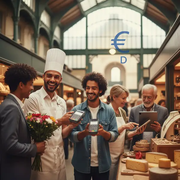 Illustration de l'euro numérique, avec le logo de la BCE et des symboles de paiement, soulignant son impact sur les commerçants et artisans français d'ici 2026.
