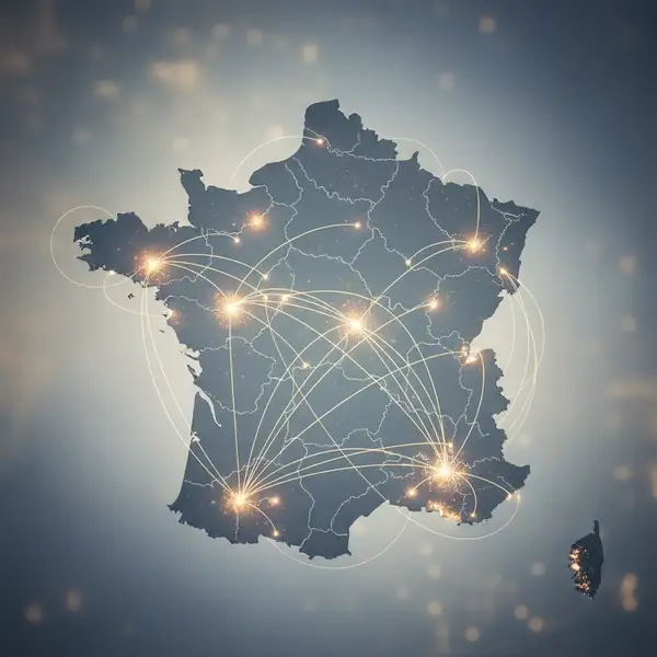 Carte de France stylisée avec des zones colorées représentant l'exonération fiscale territoire et les dispositifs France Ruralités 2027 pour les PME.