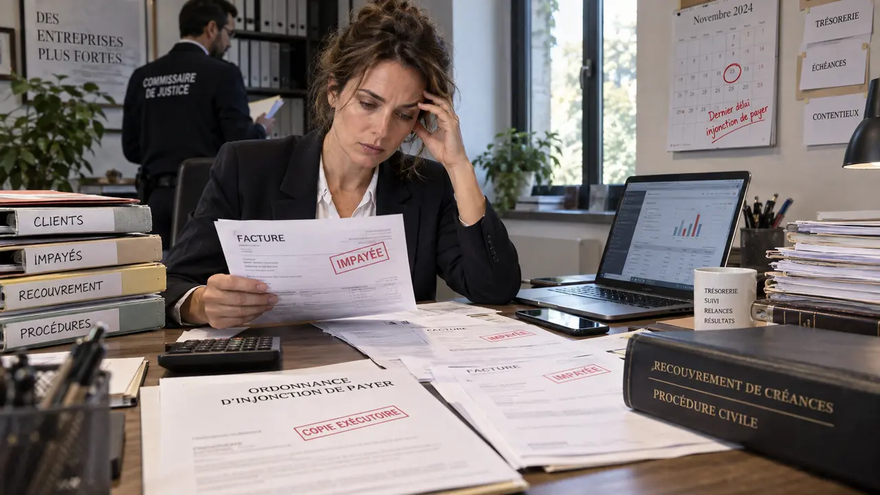 Dirigeante d’entreprise examinant une facture impayée et une ordonnance d’injonction de payer dans un bureau, illustration du nouveau délai de trois mois applicable au recouvrement des créances depuis septembre 2026.