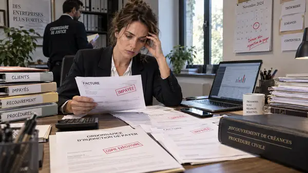 Dirigeante d’entreprise examinant une facture impayée et une ordonnance d’injonction de payer dans un bureau, illustration du nouveau délai de trois mois applicable au recouvrement des créances depuis septembre 2026.