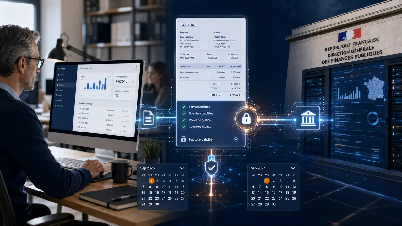 PME transmettant une facture électronique sécurisée via une plateforme agréée vers l’administration fiscale, avec les échéances de septembre 2026 et septembre 2027.