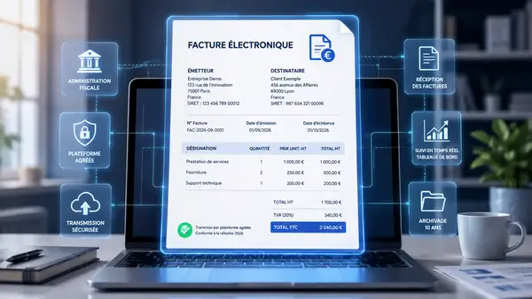 Facture électronique affichée au centre d’un ordinateur portable avec transmission sécurisée, plateforme agréée, réception des factures et suivi numérique, illustrant l’entrée en vigueur de la réforme et l’absence de sanctions annoncée par Bercy en 2026.
