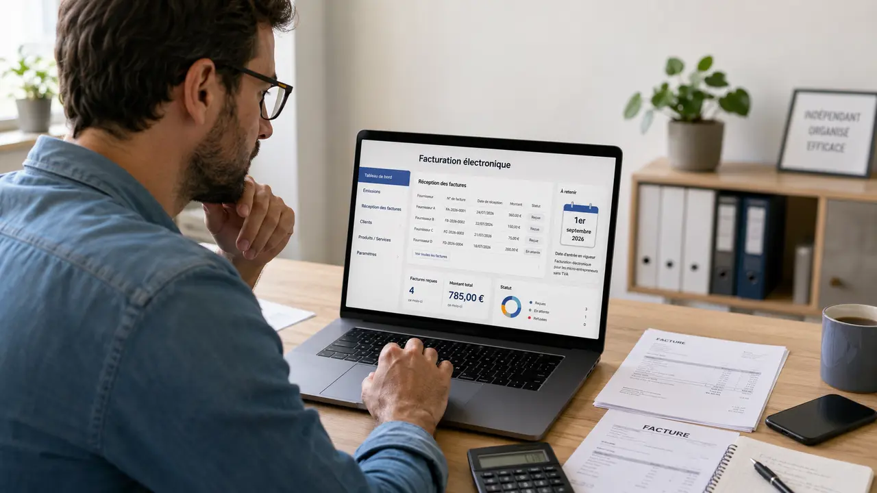 Micro-entrepreneur consultant une plateforme de facturation électronique sur son ordinateur avant l’échéance du 1er septembre 2026.
