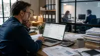 Dirigeant de PME consultant une facture électronique sur ordinateur, illustrant la dématérialisation des factures, le suivi des paiements, les délais de règlement, le BFR et les enjeux de trésorerie des entreprises en 2026.