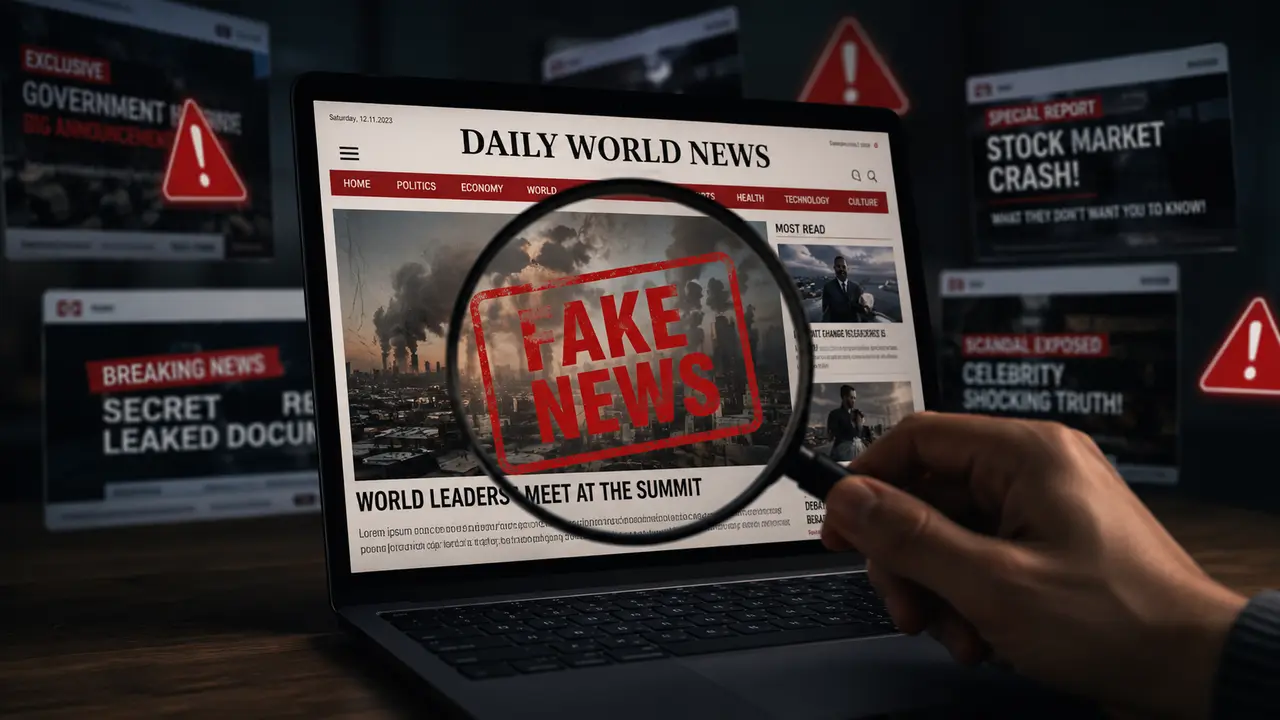 Illustration réaliste représentant la prolifération des faux médias générés par intelligence artificielle, avec un ordinateur affichant un site d’actualités suspect analysé à la loupe, symbolisant les enjeux de désinformation, de vérification des sources et de confiance dans l’information en ligne. Source : Entreprisma.