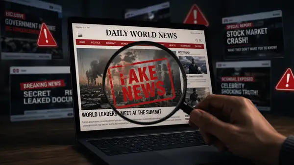 Illustration réaliste représentant la prolifération des faux médias générés par intelligence artificielle, avec un ordinateur affichant un site d’actualités suspect analysé à la loupe, symbolisant les enjeux de désinformation, de vérification des sources et de confiance dans l’information en ligne. Source : Entreprisma.
