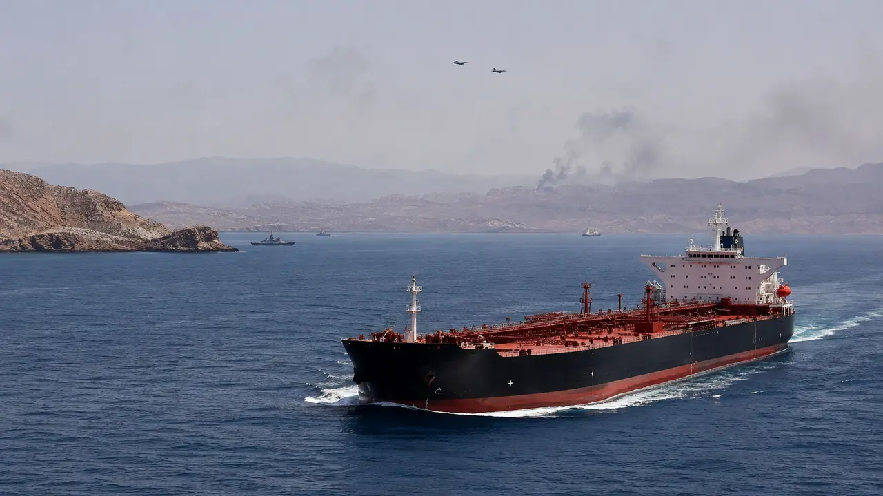 Pétrolier traversant le détroit d’Ormuz sous surveillance militaire, sur fond de tensions géopolitiques.