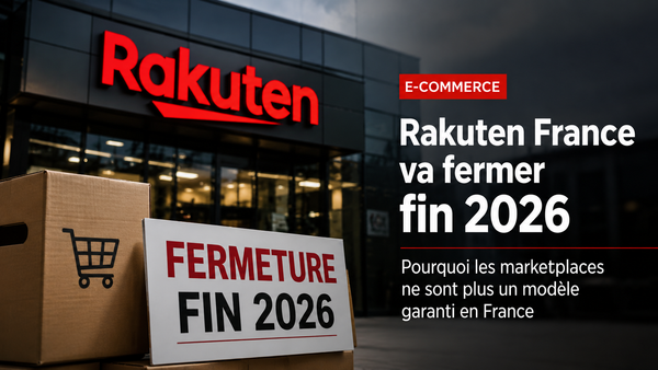 Illustration éditoriale représentant la fermeture annoncée de Rakuten France. Le logo rouge de Rakuten apparaît sur la façade d’un bâtiment moderne, tandis que des cartons de livraison et un panneau « Fermeture fin 2026 » symbolisent l’arrêt de la marketplace. À droite, un habillage graphique de style presse média annonce : « Rakuten France va fermer fin 2026 » avec un sous-titre sur l’évolution du modèle des marketplaces en France.