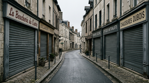 Rideau métallique baissé suite aux fermetures commerces Courneuve pour non-conformité administrative.