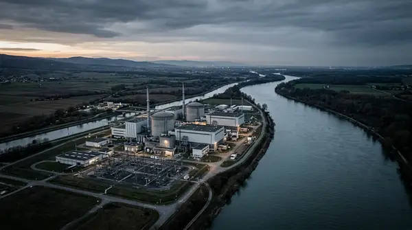 Vue aérienne du site de l'ancienne centrale nucléaire de Fessenheim, symbolisant la reconversion des Territoires après un choc industriel majeur.