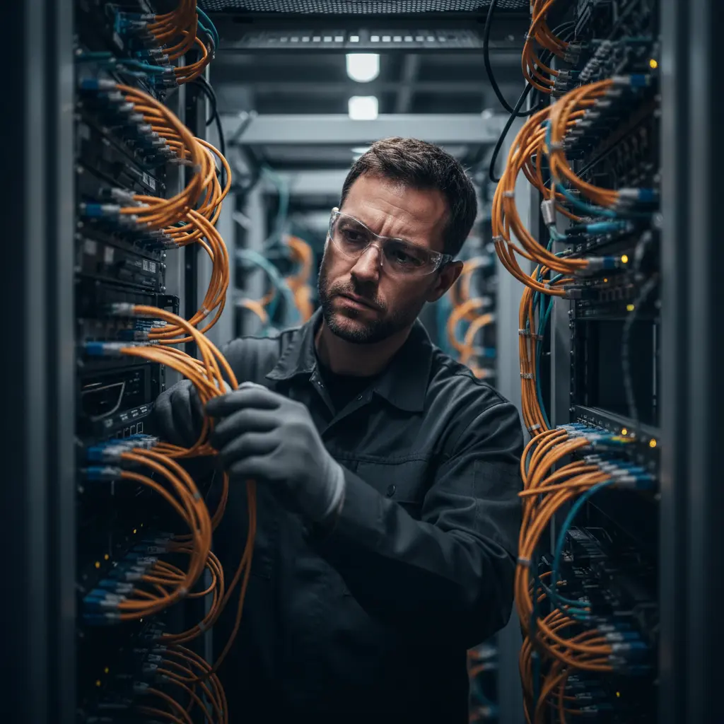 Schéma illustrant la transition du réseau cuivre vers la fibre optique, avec des câbles et des flèches, symbolisant la Fin du Cuivre en 2026 pour les entreprises.