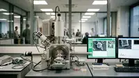 Une PME innovante bénéficiant d'un financement Deeptech européen, symbolisé par des graphiques de croissance et des symboles de l'UE, illustrant l'opportunité de financement Deeptech PME.