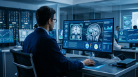 Une main humaine et une main robotique interagissent au-dessus d'un écran affichant des données médicales, symbolisant le Financement MedTech IA et l'innovation en diagnostic.
