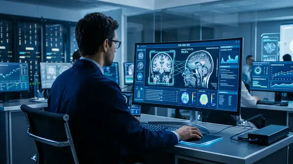 Une main humaine et une main robotique interagissent au-dessus d'un écran affichant des données médicales, symbolisant le Financement MedTech IA et l'innovation en diagnostic.