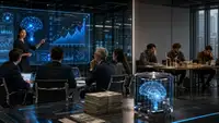 Scène réaliste dans une salle de réunion moderne où des investisseurs assistent à une présentation autour de l’intelligence artificielle, avec écrans holographiques, graphiques de croissance et ambiance technologique, tandis qu’une équipe entrepreneuriale plus discrète travaille en retrait, illustrant la concentration des financements sur les startups IA.