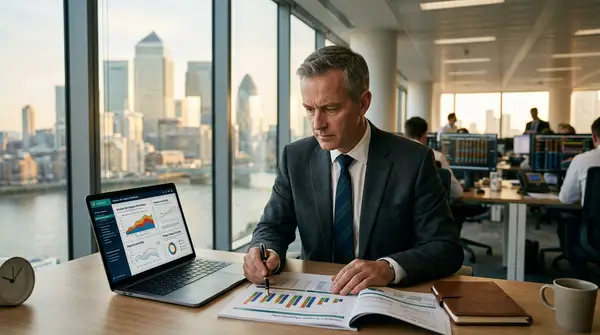 Illustration d'une PME face à des documents bancaires et des symboles climatiques, représentant les défis du Financement vert PME suite aux directives de la BCE.