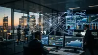 Illustration d'un réseau financier complexe avec des icônes de données et de transactions, symbolisant la Fintech B2B et l'infrastructure de Wallester.