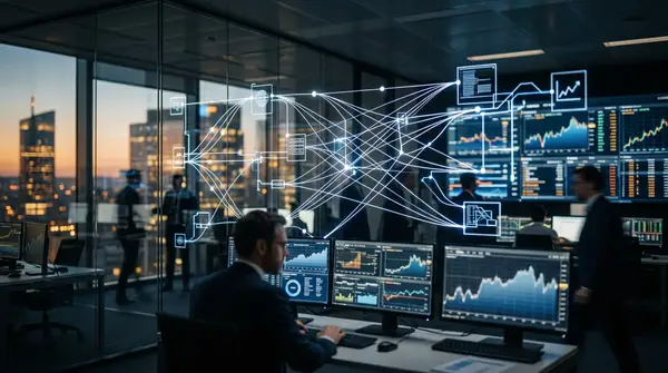 Illustration d'un réseau financier complexe avec des icônes de données et de transactions, symbolisant la Fintech B2B et l'infrastructure de Wallester.