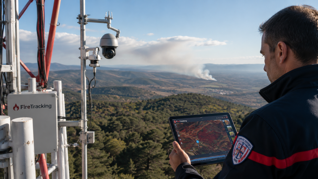 Système FireTracking installé sur un point haut avec caméras de surveillance, opérateur consultant une carte sur tablette et départ de fumée détecté au loin.