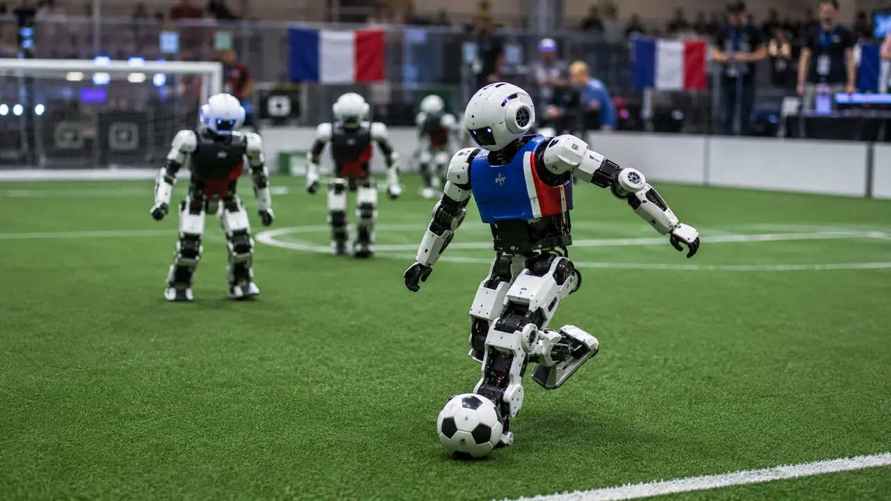 Robot humanoïde en maillot bleu, blanc et rouge contrôlant un ballon sur un terrain de football robotique en salle, lors d’une compétition internationale, avec d’autres robots joueurs, des drapeaux français et un public technique en arrière-plan.