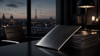 Bureau parisien plongé dans la pénombre, avec une pile de magazines noirs fermés symbolisant l’arrêt de Forbes France.