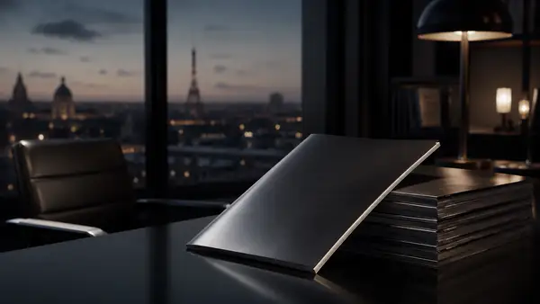 Bureau parisien plongé dans la pénombre, avec une pile de magazines noirs fermés symbolisant l’arrêt de Forbes France.